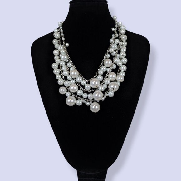 (2/$20) 3-Strand Faux Pearl Bauble Statement Necklace - Picture 2 of 5